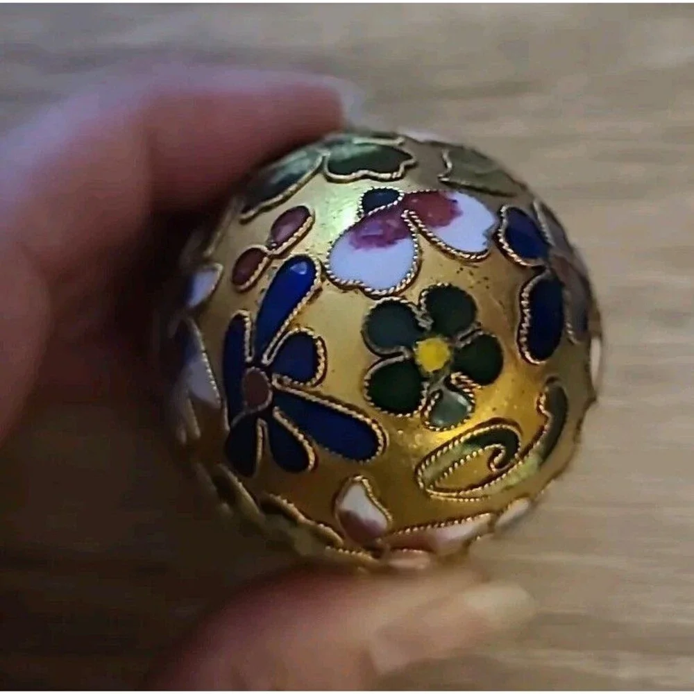 Vtg*Cloisonne Egg* Enameled Multicolored Jewel Tone Flowers Leaves - Picture 7 of 8